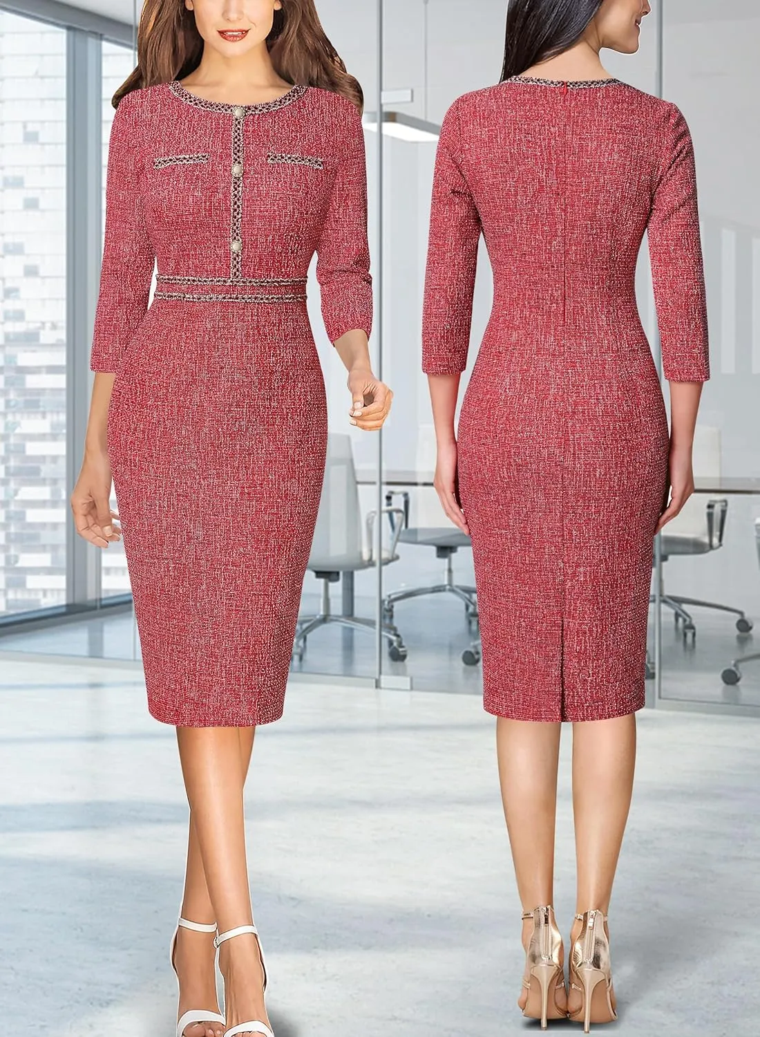 VFSHOW Womens Business Button Crew Neck Fitted Wear to Work Office Patchwork Pencil Sheath Dress