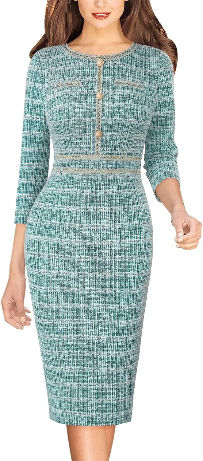VFSHOW Womens Business Button Crew Neck Fitted Wear to Work Office Patchwork Pencil Sheath Dress