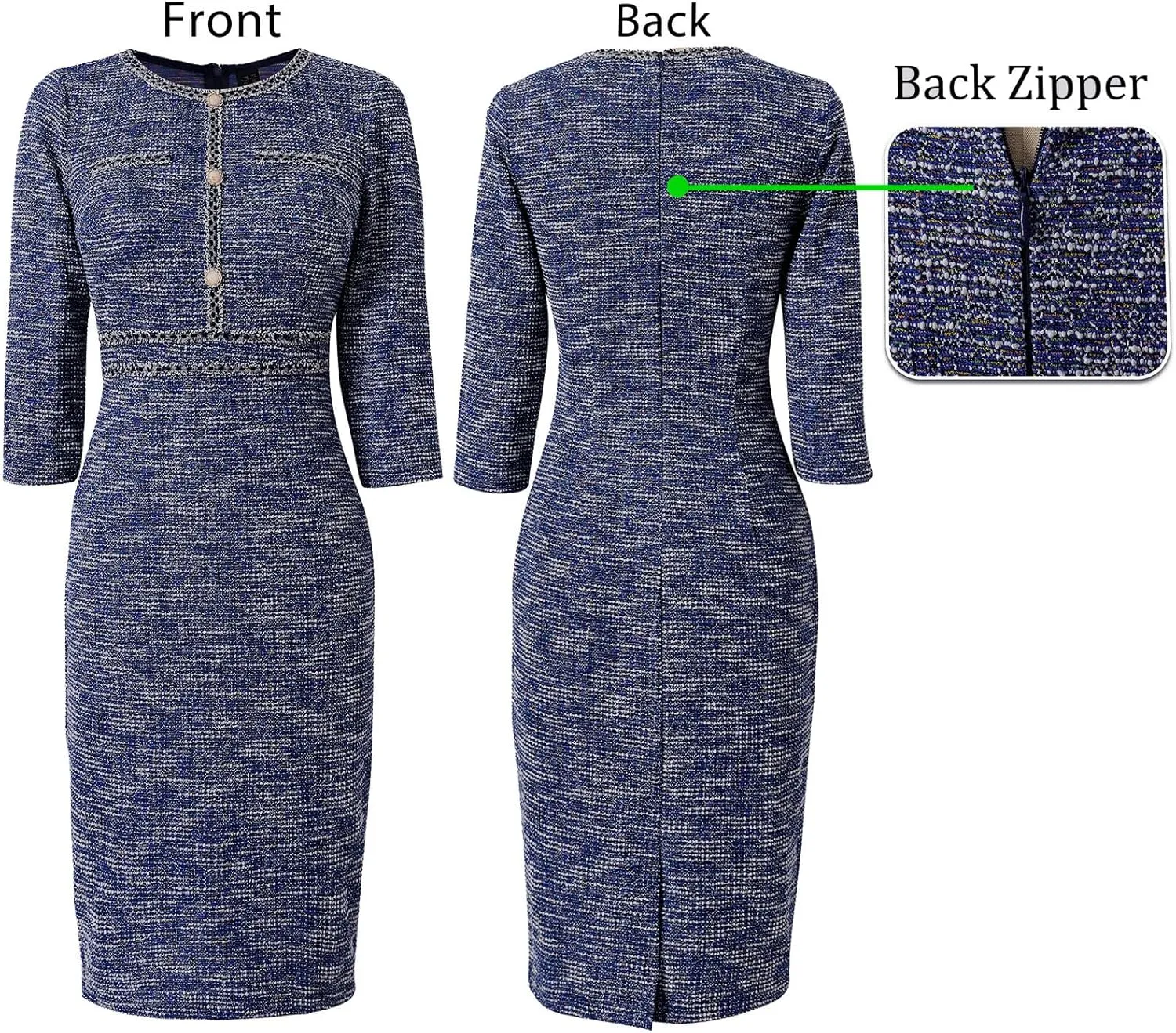 VFSHOW Womens Business Button Crew Neck Fitted Wear to Work Office Patchwork Pencil Sheath Dress
