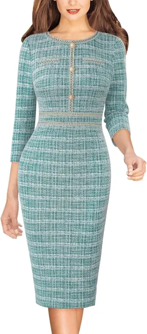 VFSHOW Womens Business Button Crew Neck Fitted Wear to Work Office Patchwork Pencil Sheath Dress