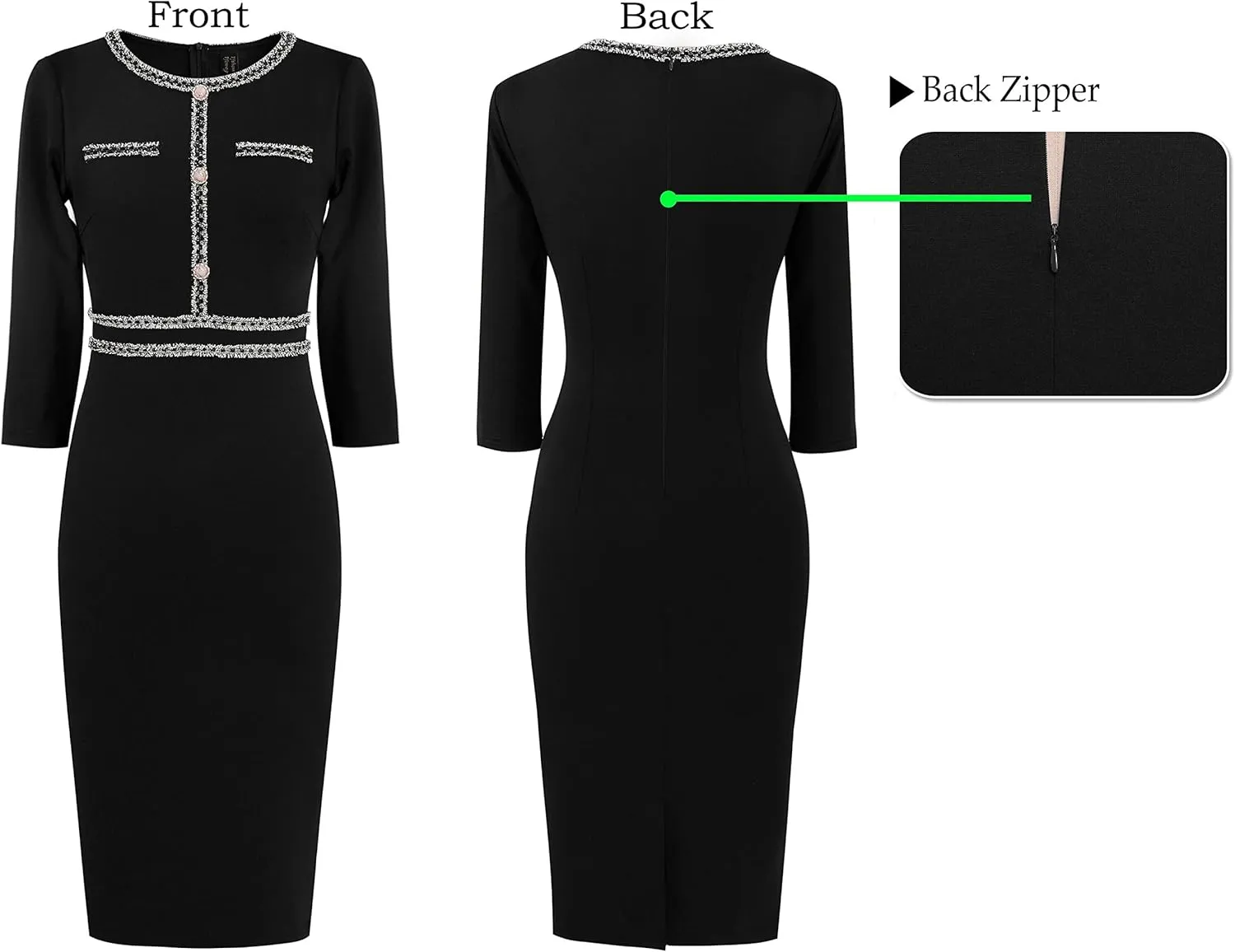 VFSHOW Womens Business Button Crew Neck Fitted Wear to Work Office Patchwork Pencil Sheath Dress