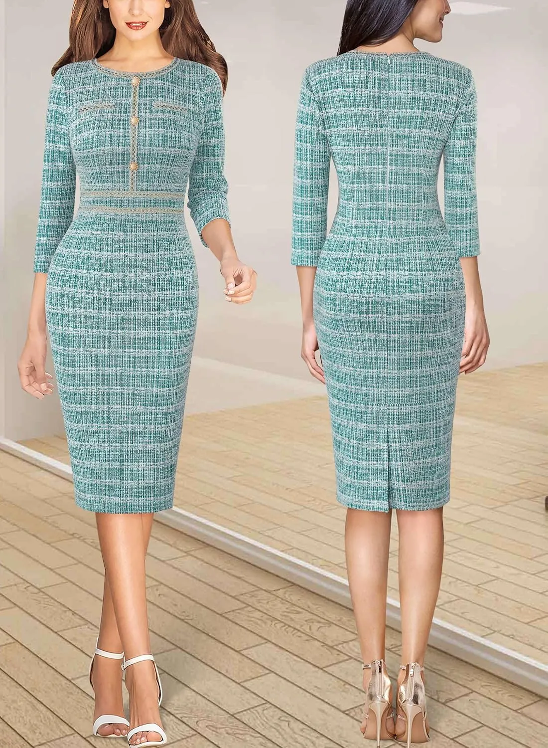 VFSHOW Womens Business Button Crew Neck Fitted Wear to Work Office Patchwork Pencil Sheath Dress