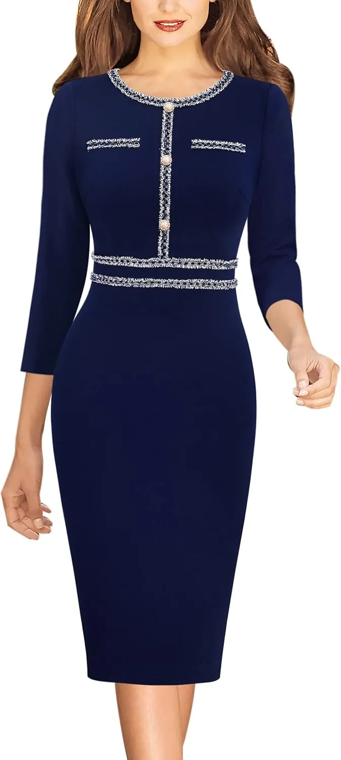 VFSHOW Womens Business Button Crew Neck Fitted Wear to Work Office Patchwork Pencil Sheath Dress
