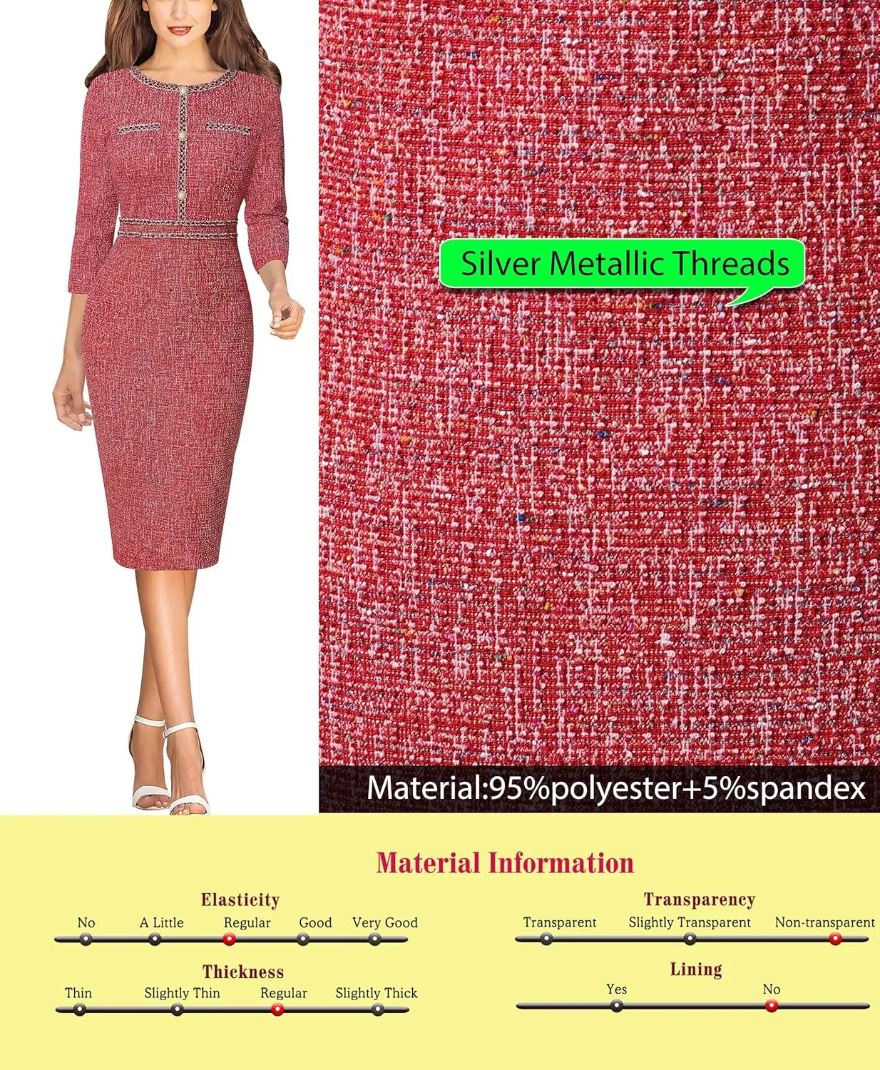 VFSHOW Womens Business Button Crew Neck Fitted Wear to Work Office Patchwork Pencil Sheath Dress