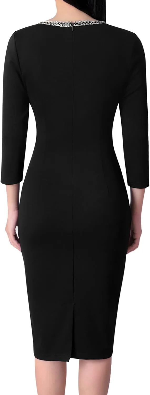 VFSHOW Womens Business Button Crew Neck Fitted Wear to Work Office Patchwork Pencil Sheath Dress