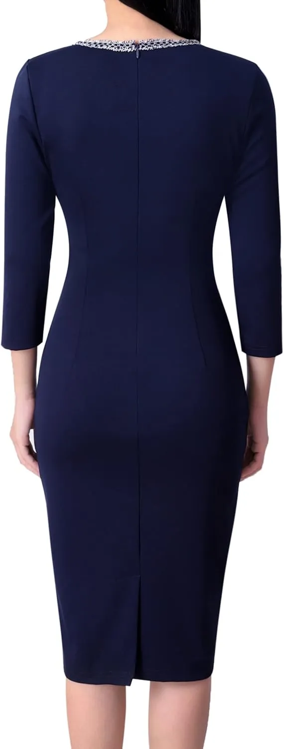 VFSHOW Womens Business Button Crew Neck Fitted Wear to Work Office Patchwork Pencil Sheath Dress