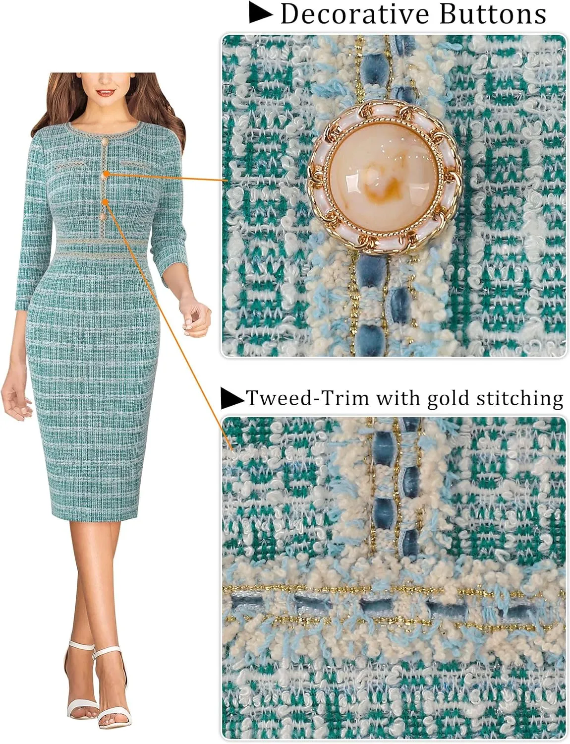 VFSHOW Womens Business Button Crew Neck Fitted Wear to Work Office Patchwork Pencil Sheath Dress