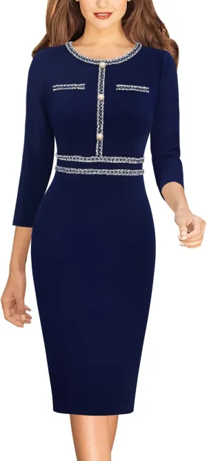 VFSHOW Womens Business Button Crew Neck Fitted Wear to Work Office Patchwork Pencil Sheath Dress