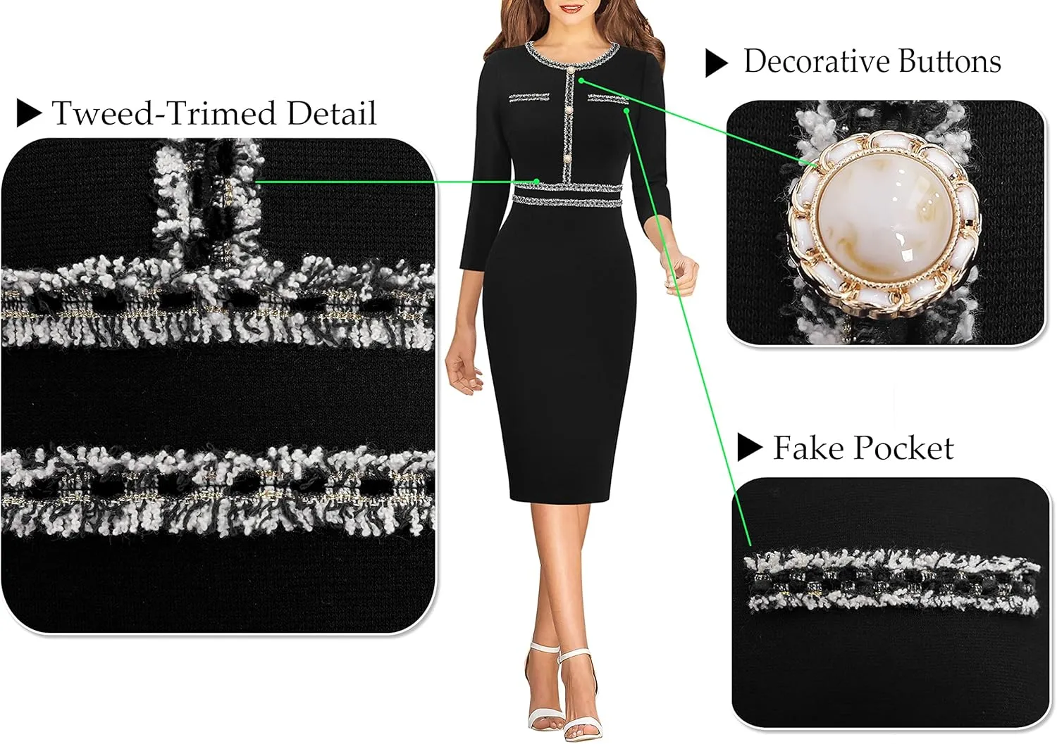 VFSHOW Womens Business Button Crew Neck Fitted Wear to Work Office Patchwork Pencil Sheath Dress