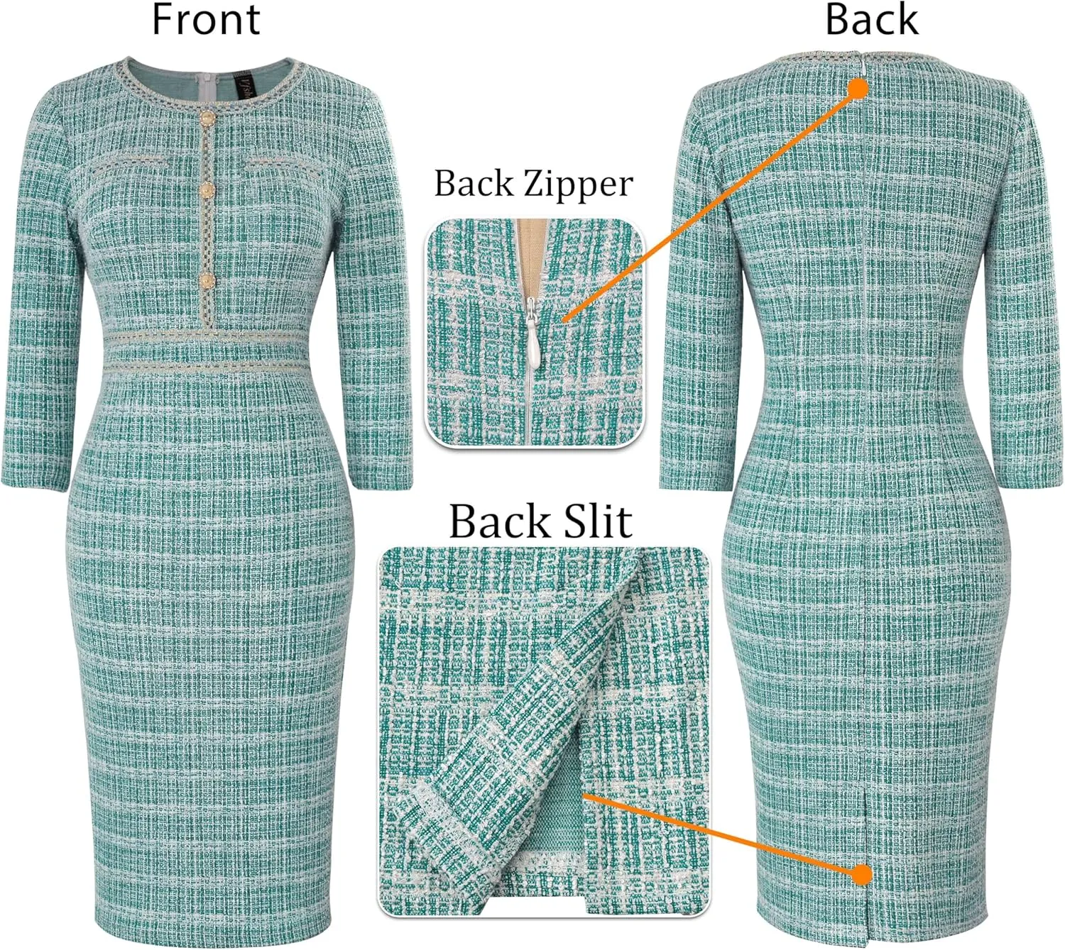 VFSHOW Womens Business Button Crew Neck Fitted Wear to Work Office Patchwork Pencil Sheath Dress
