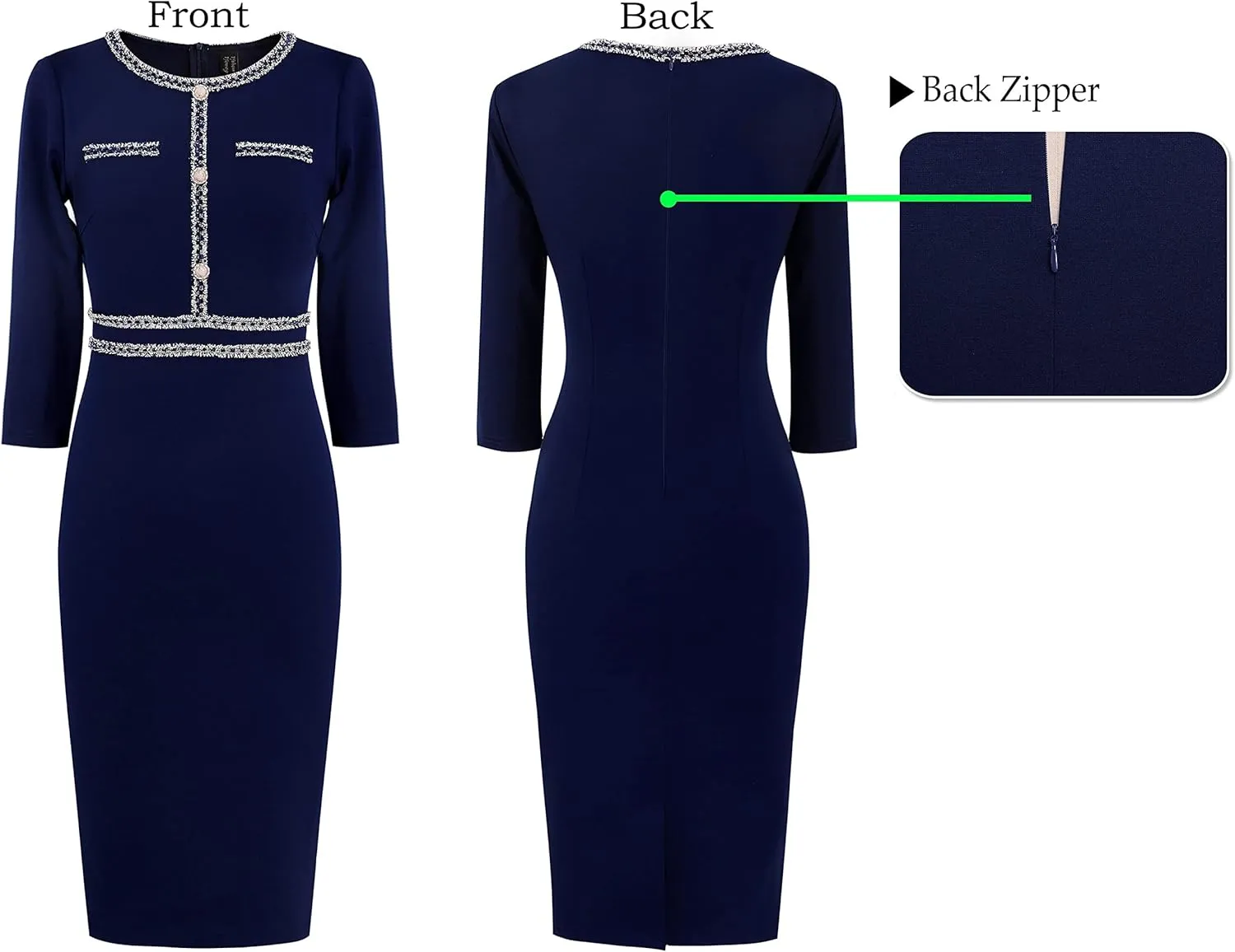 VFSHOW Womens Business Button Crew Neck Fitted Wear to Work Office Patchwork Pencil Sheath Dress
