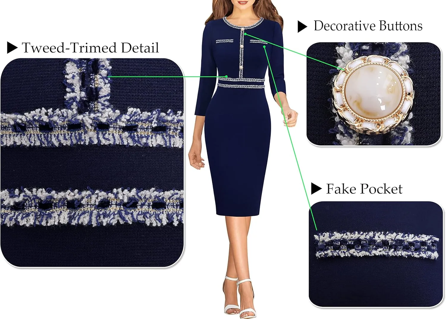 VFSHOW Womens Business Button Crew Neck Fitted Wear to Work Office Patchwork Pencil Sheath Dress