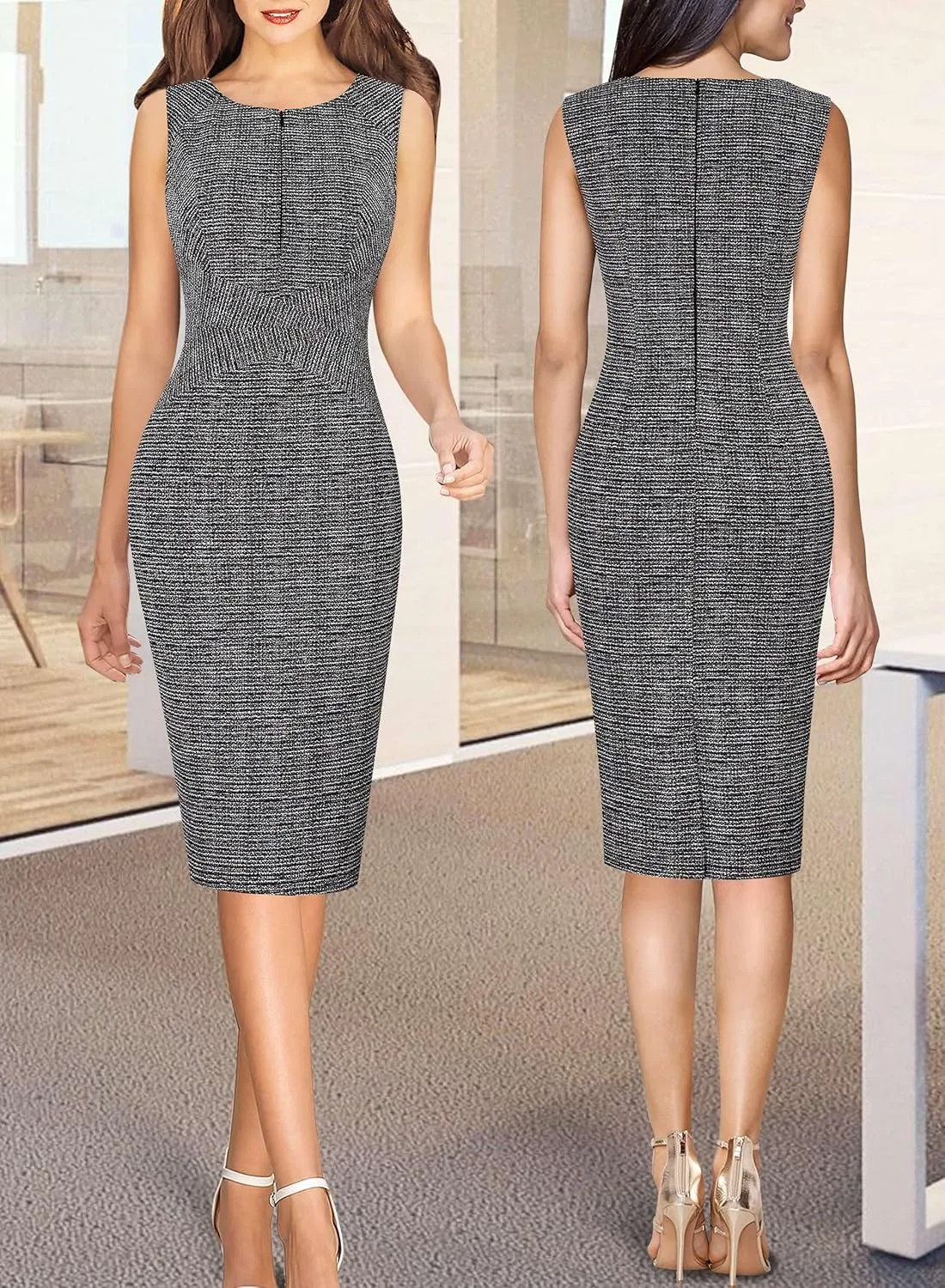 VFSHOW Womens Elegant Slim Front Zipper up Work Business Office Party Sheath Dress