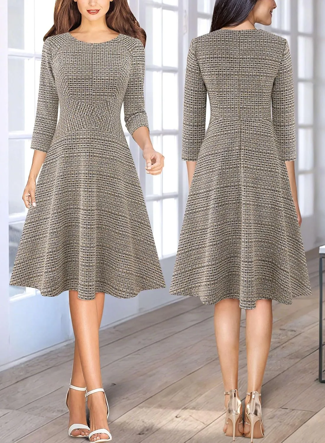 VFSHOW Womens Front Zipper Crisscross Waist Slim Wear to Work Business Office Fit and Flare A-Line Dress