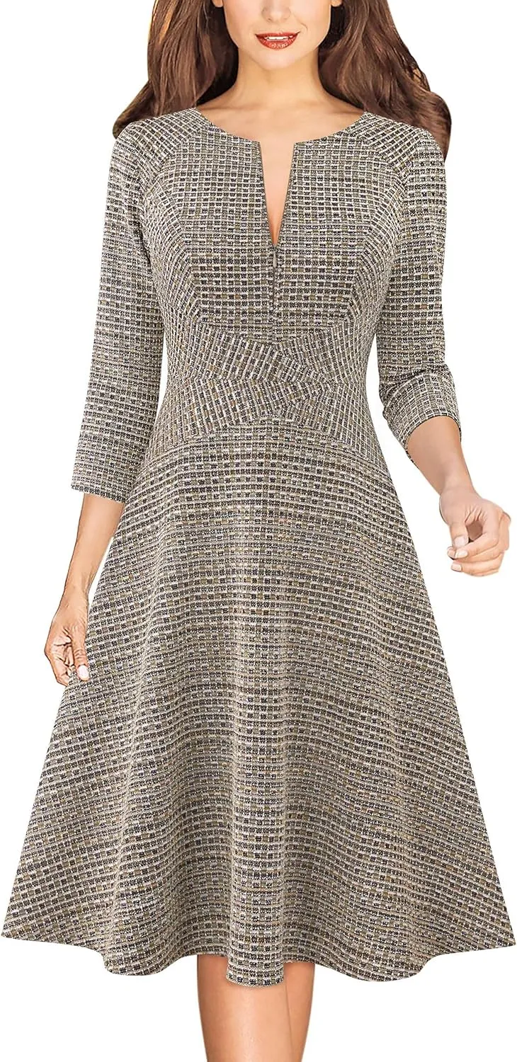 VFSHOW Womens Front Zipper Crisscross Waist Slim Wear to Work Business Office Fit and Flare A-Line Dress