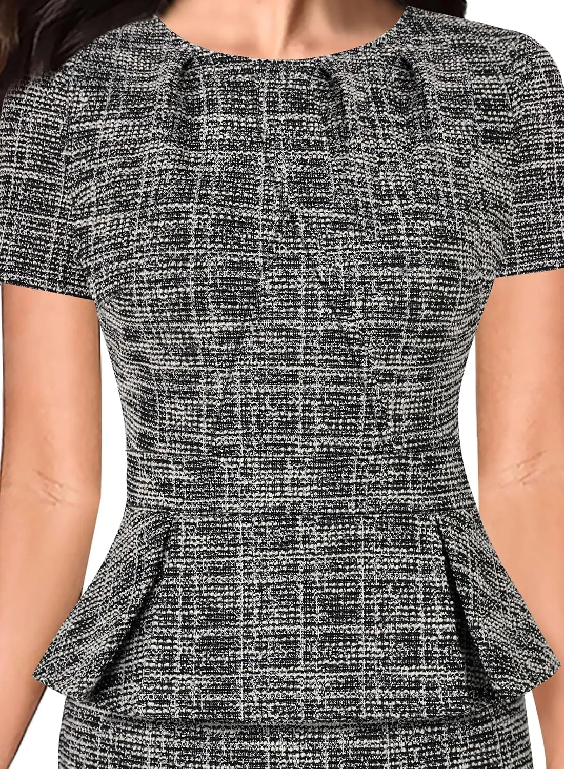 VFSHOW Womens Pleated Crew Neck Peplum Work Business Office Church Bodycon Pencil Sheath Dress