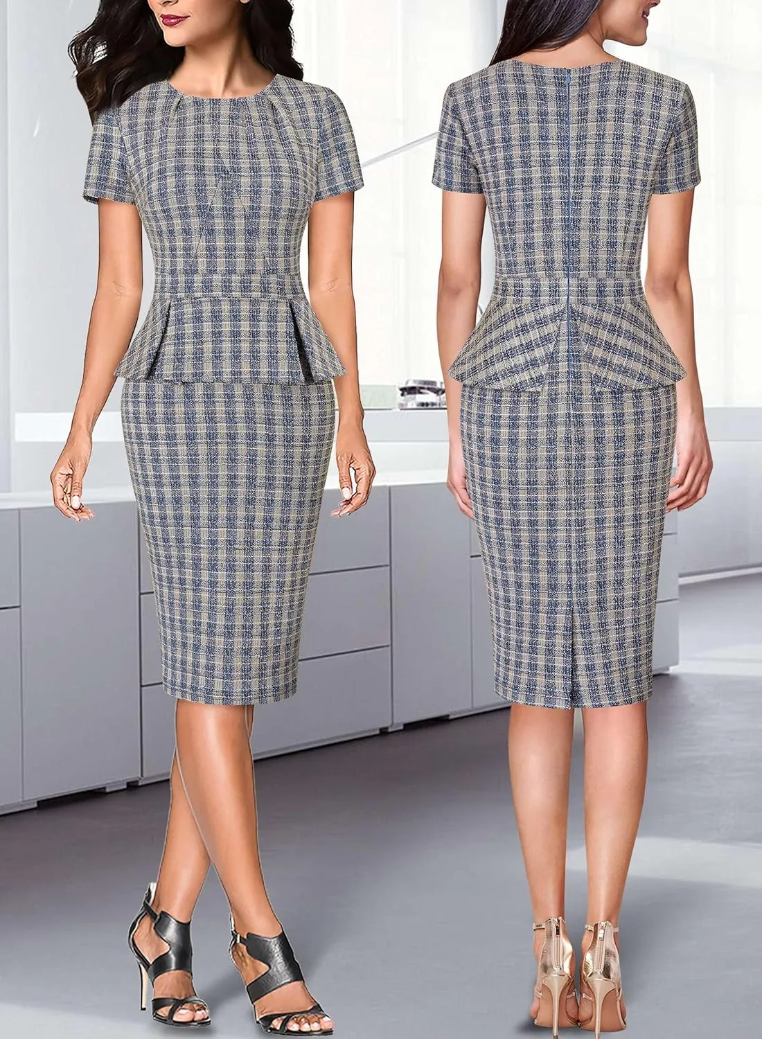 VFSHOW Womens Pleated Crew Neck Peplum Work Business Office Church Bodycon Pencil Sheath Dress