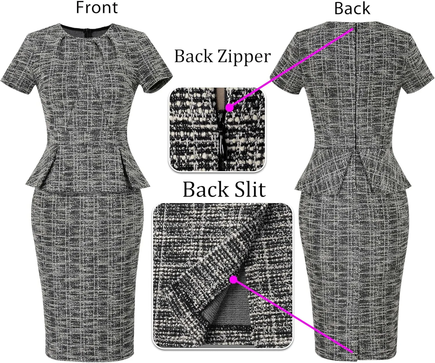 VFSHOW Womens Pleated Crew Neck Peplum Work Business Office Church Bodycon Pencil Sheath Dress