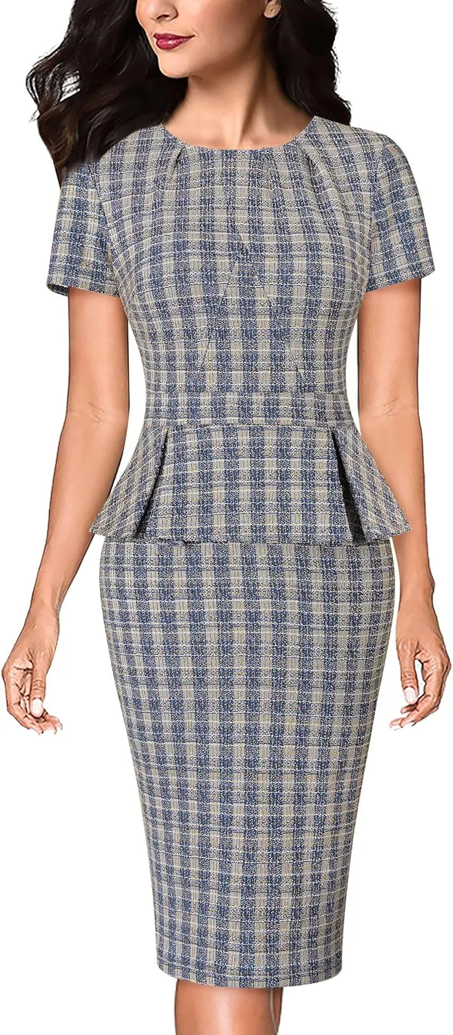 VFSHOW Womens Pleated Crew Neck Peplum Work Business Office Church Bodycon Pencil Sheath Dress