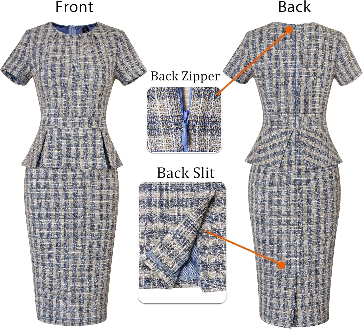 VFSHOW Womens Pleated Crew Neck Peplum Work Business Office Church Bodycon Pencil Sheath Dress