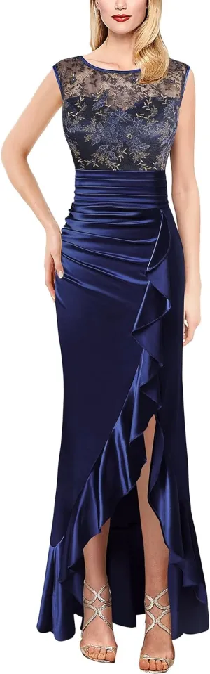 VFSHOW Womens Prom Illusion Sweetheart Formal Maxi Dress Cocktail Patchwork Ruched Ruffle High Split Evening Long Gown