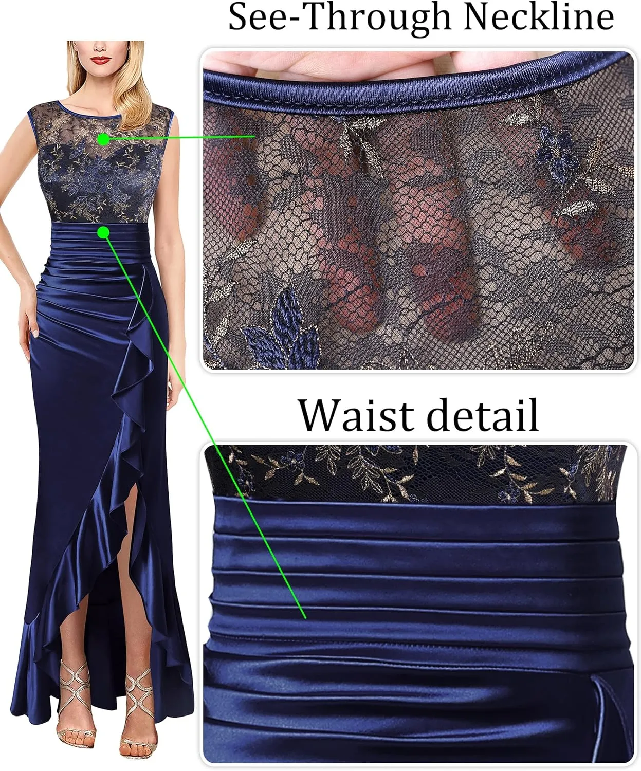 VFSHOW Womens Prom Illusion Sweetheart Formal Maxi Dress Cocktail Patchwork Ruched Ruffle High Split Evening Long Gown