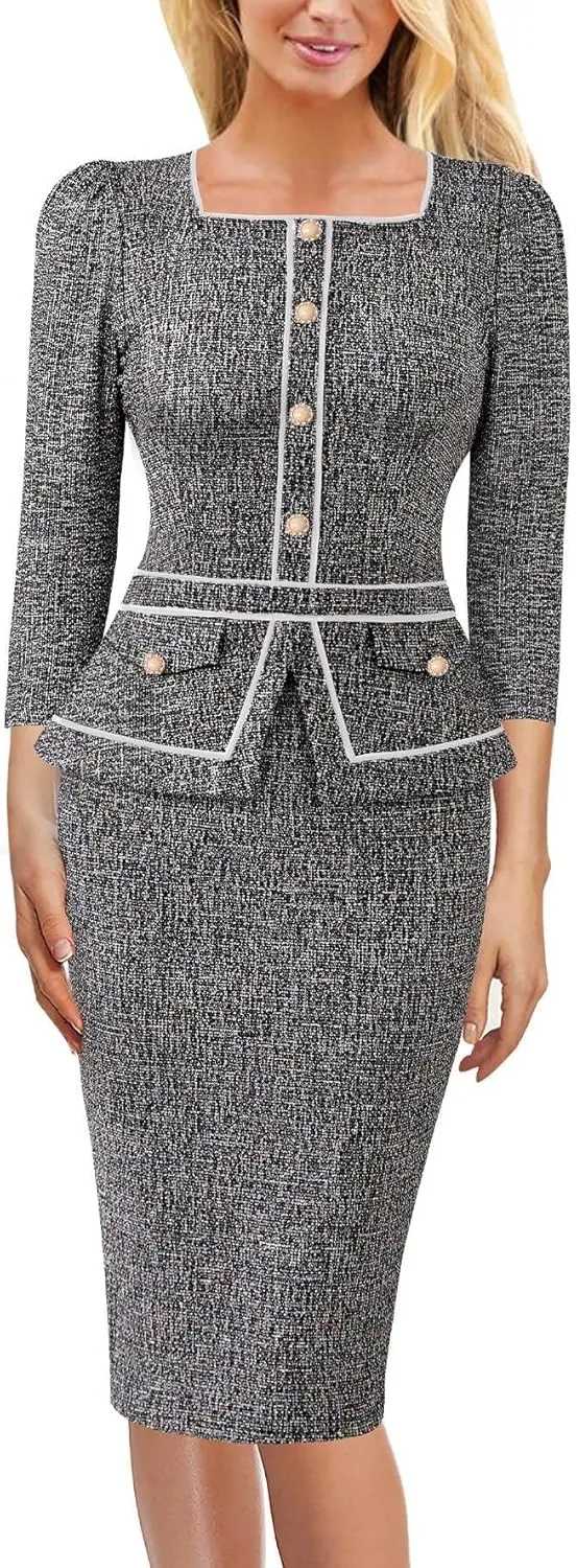 VFSHOW Womens Square Neck Buttons Peplum Cocktail Party Work Office Business Bodycon Pencil Dress