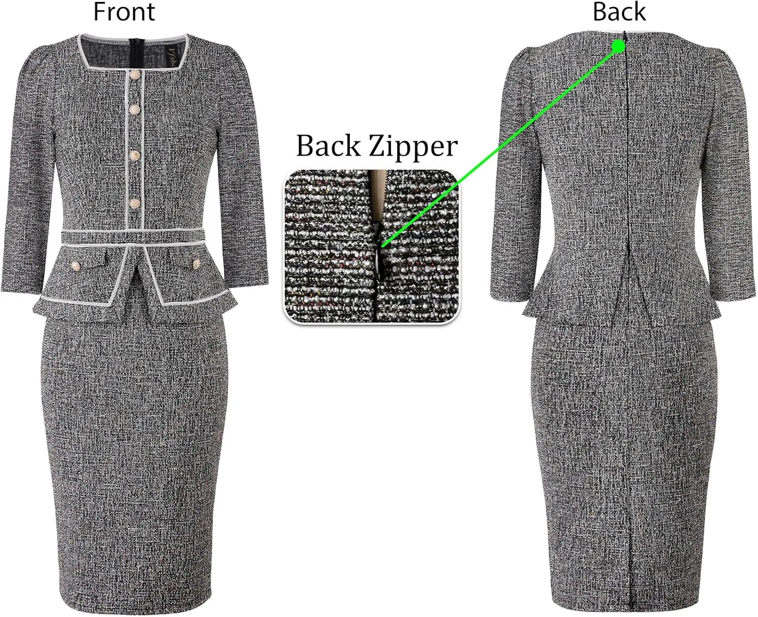 VFSHOW Womens Square Neck Buttons Peplum Cocktail Party Work Office Business Bodycon Pencil Dress