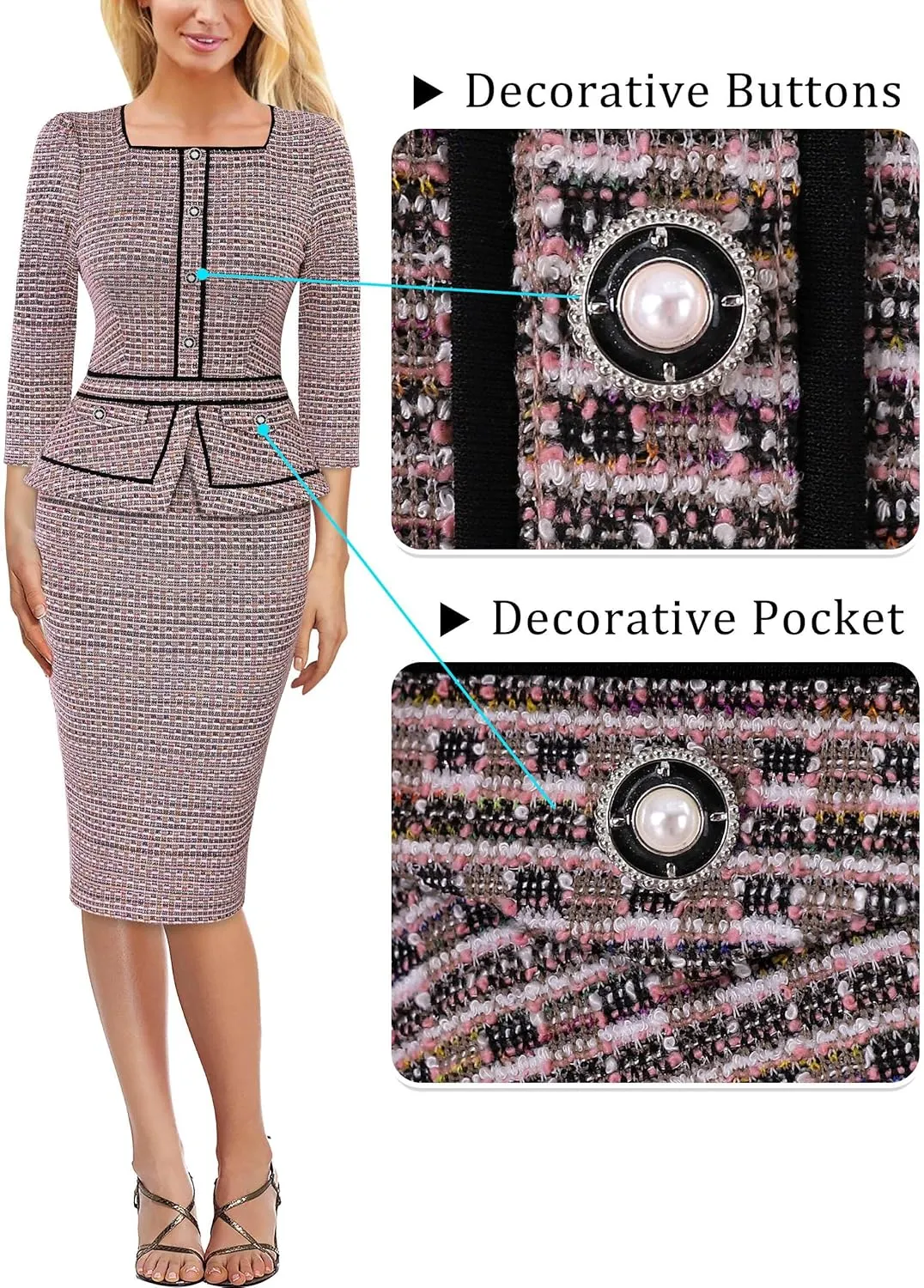 VFSHOW Womens Square Neck Buttons Peplum Cocktail Party Work Office Business Bodycon Pencil Dress