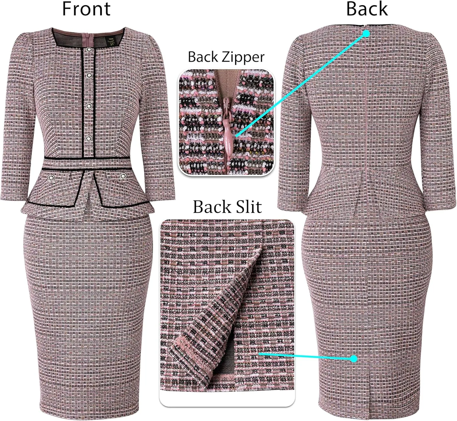 VFSHOW Womens Square Neck Buttons Peplum Cocktail Party Work Office Business Bodycon Pencil Dress
