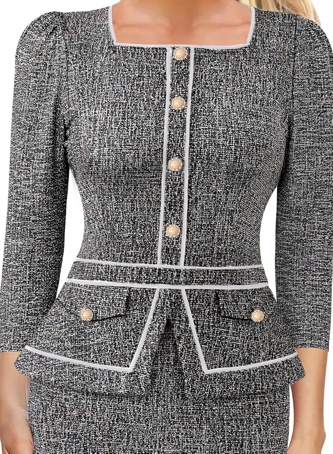 VFSHOW Womens Square Neck Buttons Peplum Cocktail Party Work Office Business Bodycon Pencil Dress