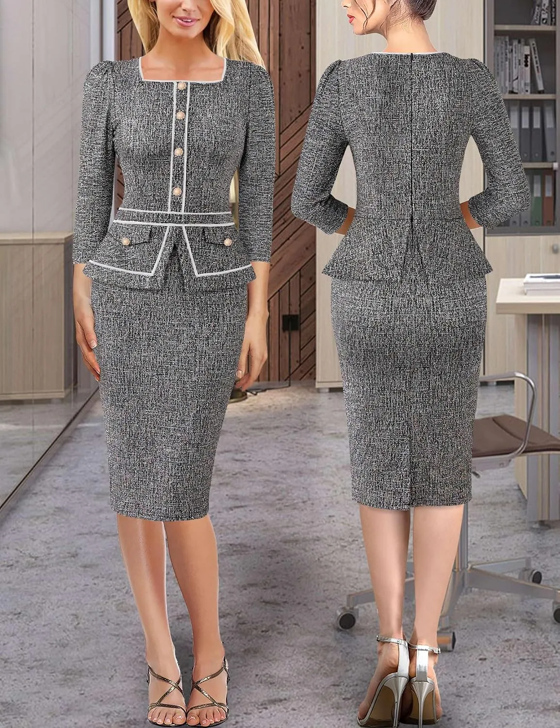 VFSHOW Womens Square Neck Buttons Peplum Cocktail Party Work Office Business Bodycon Pencil Dress