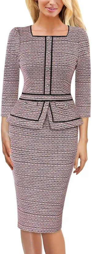 VFSHOW Womens Square Neck Buttons Peplum Cocktail Party Work Office Business Bodycon Pencil Dress