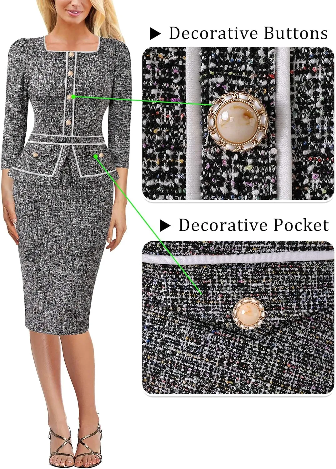 VFSHOW Womens Square Neck Buttons Peplum Cocktail Party Work Office Business Bodycon Pencil Dress