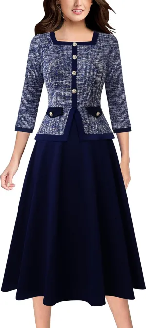 VFSHOW Womens Square Neck Peplum Slim Work Office Business Party A-Line Midi Dress