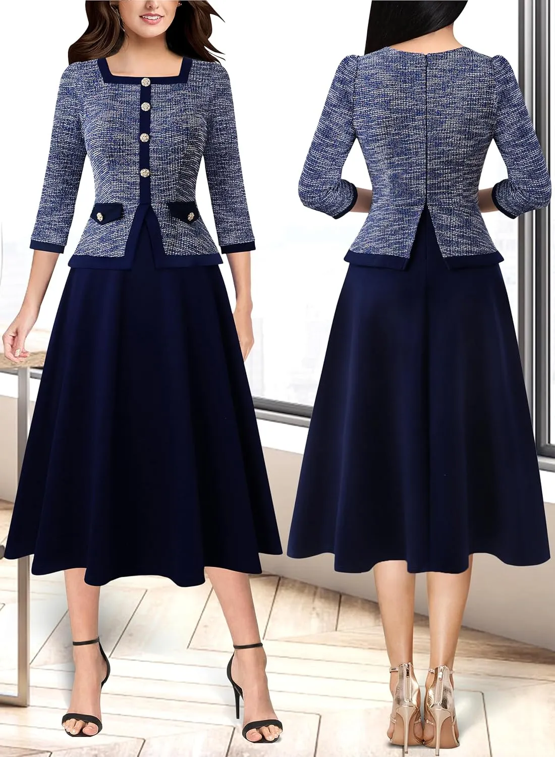 VFSHOW Womens Square Neck Peplum Slim Work Office Business Party A-Line Midi Dress