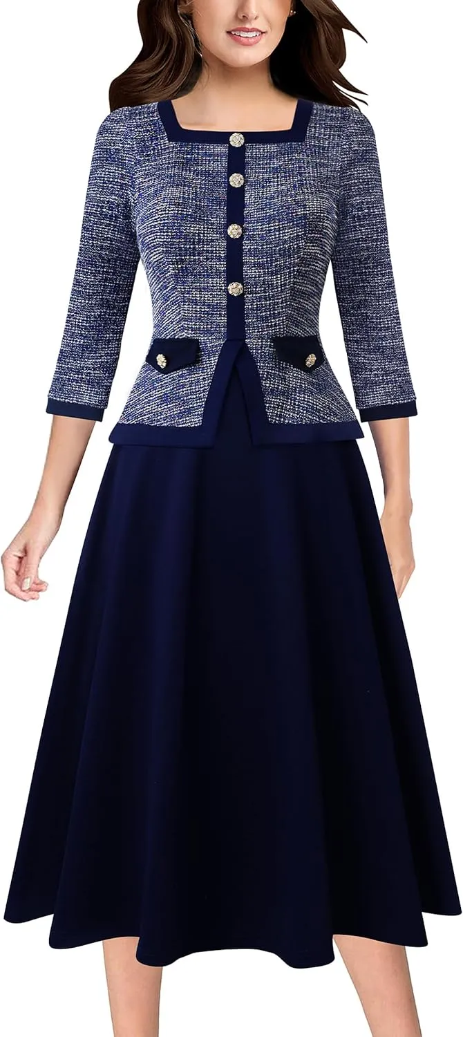 VFSHOW Womens Square Neck Peplum Slim Work Office Business Party A-Line Midi Dress