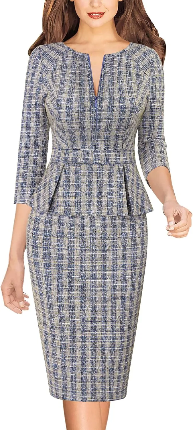 VFSHOW Womens Wear to Work Front Zipper Peplum Business Office Church Pencil Sheath Dress
