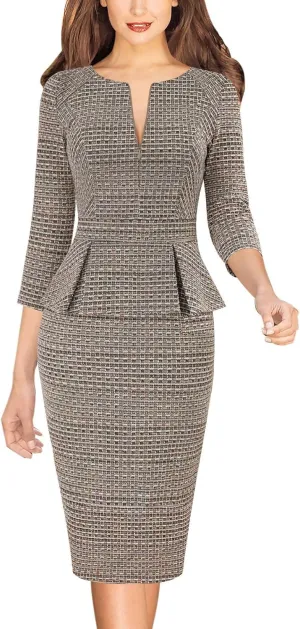 VFSHOW Womens Wear to Work Front Zipper Peplum Business Office Church Pencil Sheath Dress