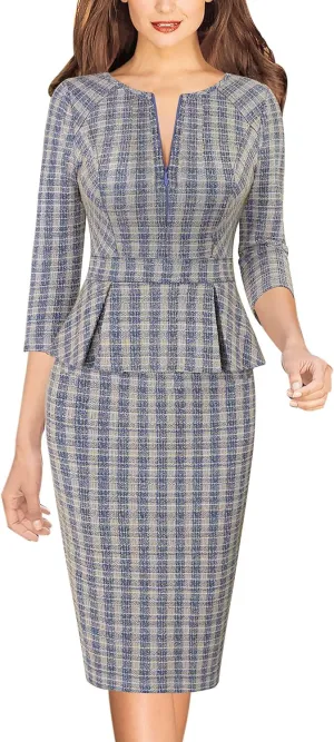 VFSHOW Womens Wear to Work Front Zipper Peplum Business Office Church Pencil Sheath Dress