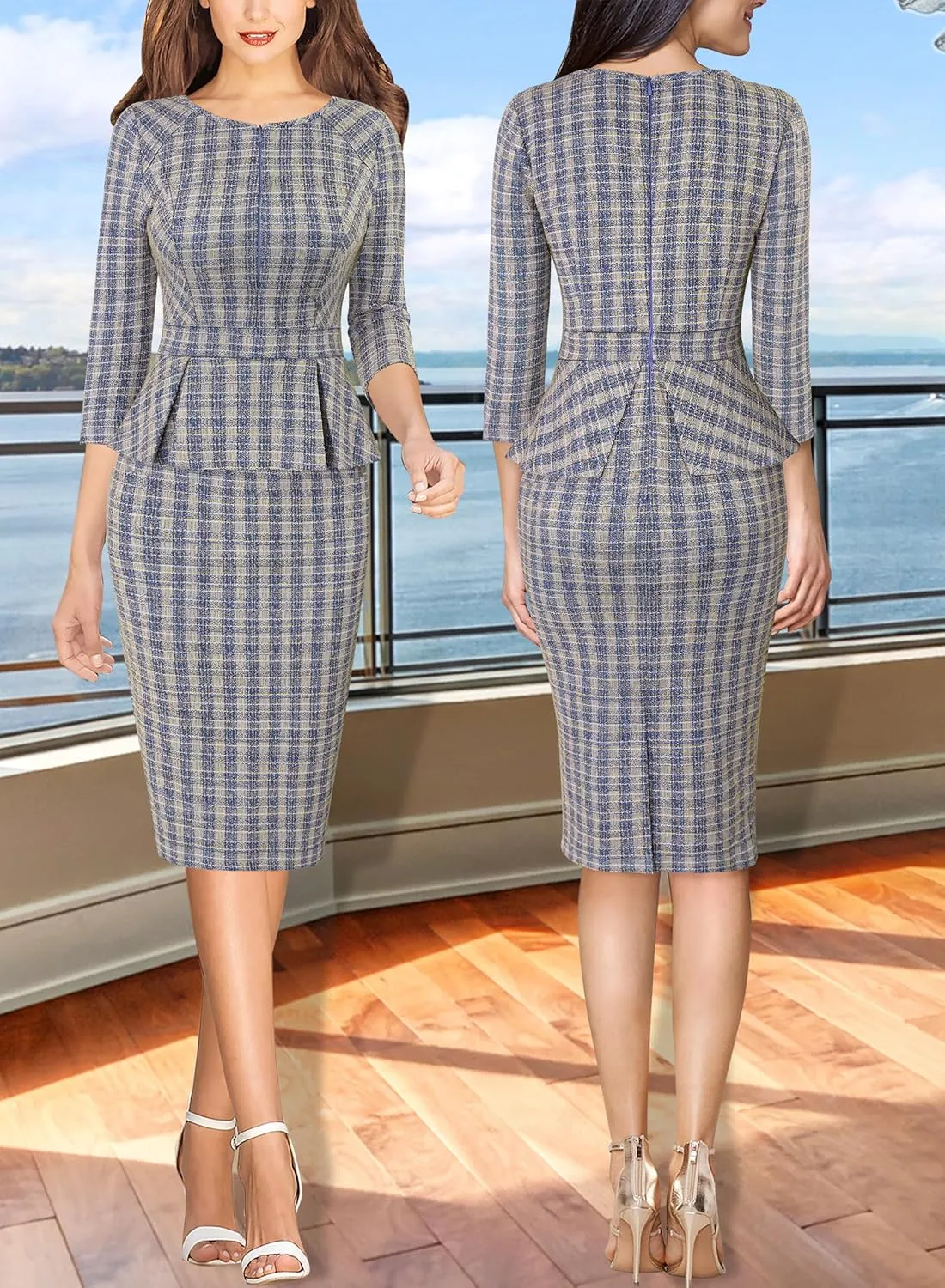 VFSHOW Womens Wear to Work Front Zipper Peplum Business Office Church Pencil Sheath Dress