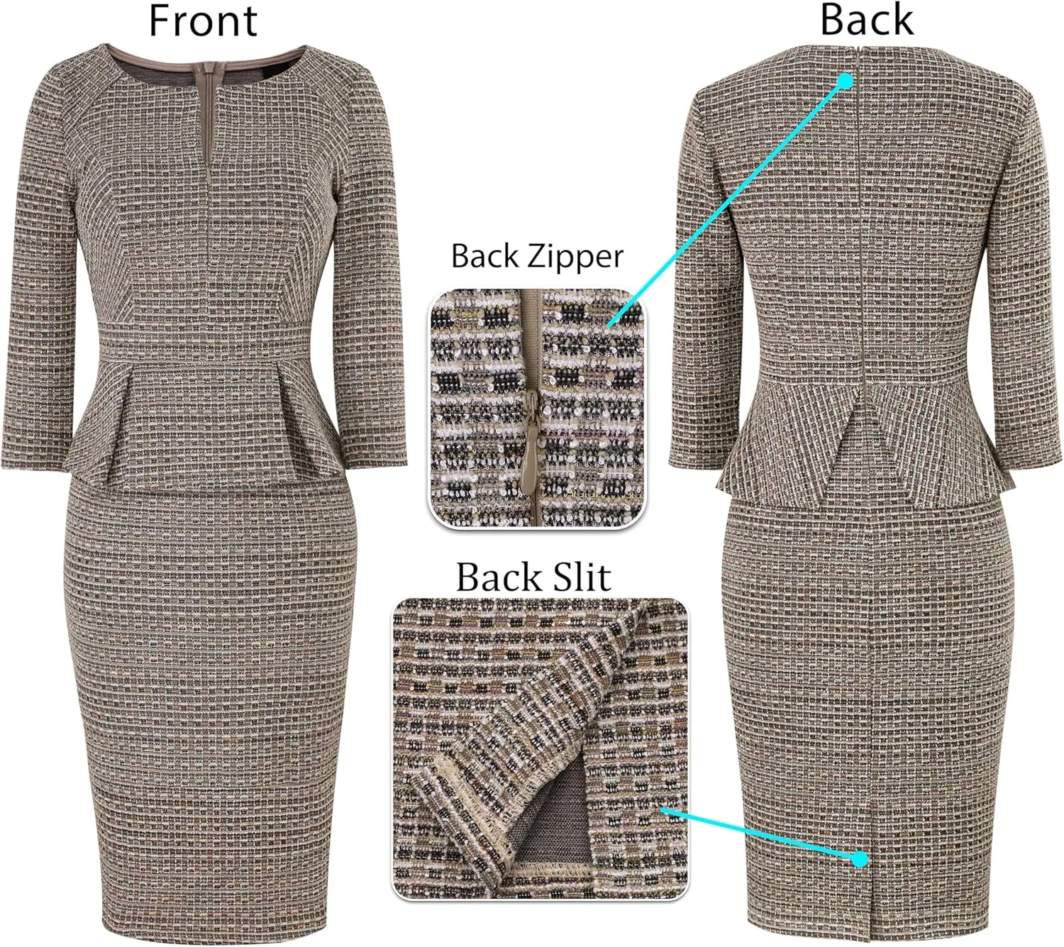 VFSHOW Womens Wear to Work Front Zipper Peplum Business Office Church Pencil Sheath Dress