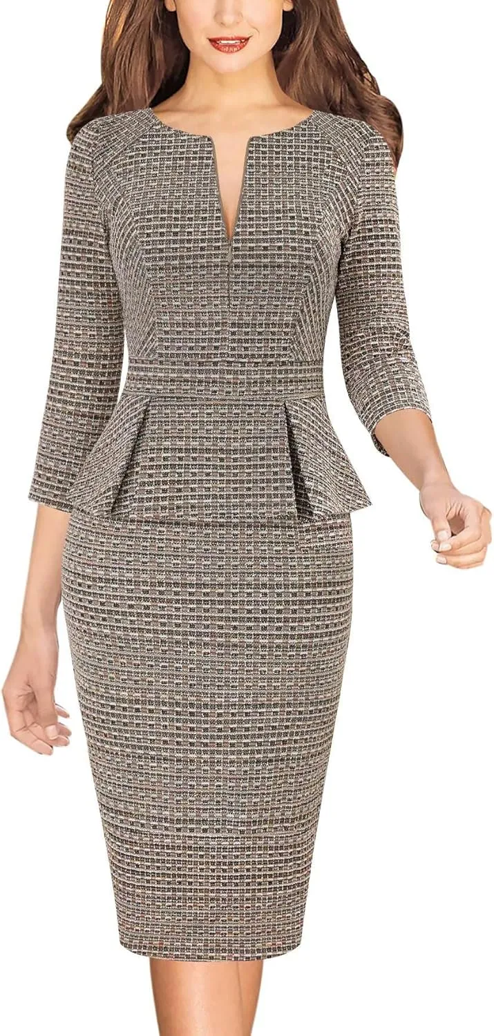 VFSHOW Womens Wear to Work Front Zipper Peplum Business Office Church Pencil Sheath Dress