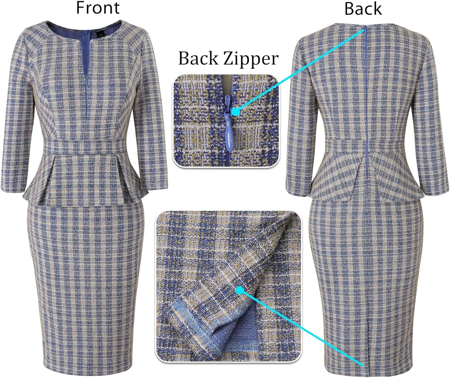 VFSHOW Womens Wear to Work Front Zipper Peplum Business Office Church Pencil Sheath Dress