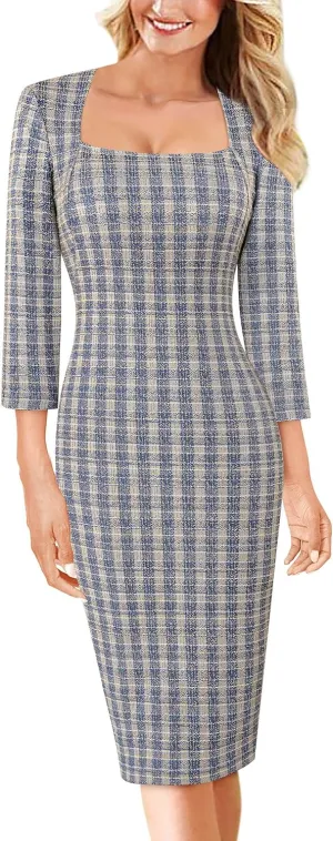VFSHOW Womens Work Business Square Neck Bodycon Dress Office Retro Elegant Slim Fitted Pencil Sheath Dress