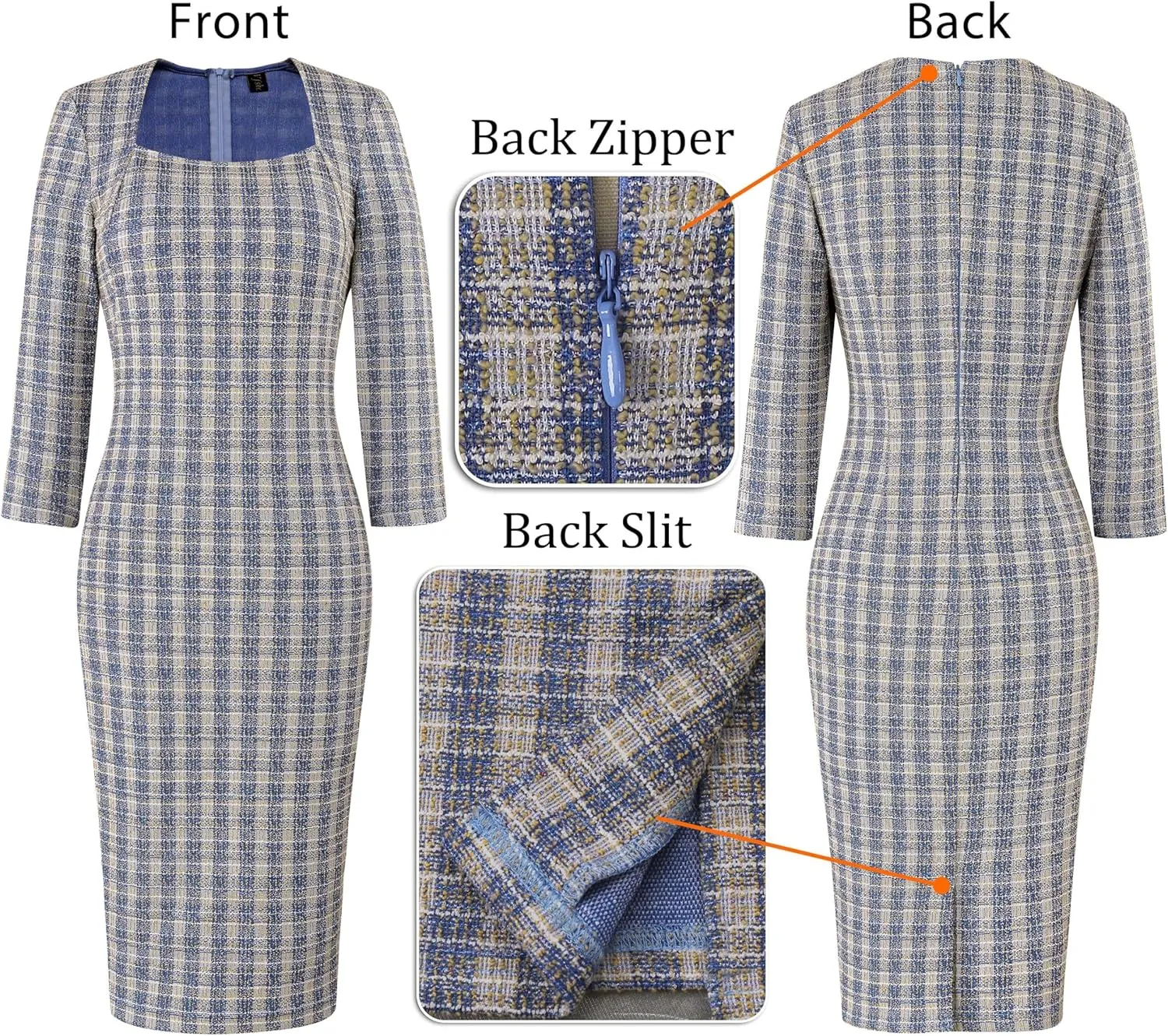 VFSHOW Womens Work Business Square Neck Bodycon Dress Office Retro Elegant Slim Fitted Pencil Sheath Dress