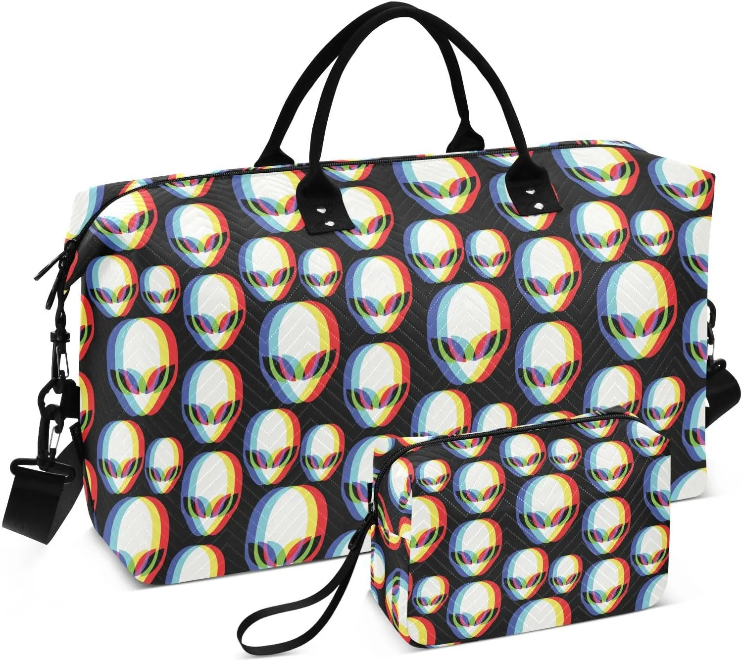 VIGTRO Travel Duffel Bag Weekender Overnight Bag with Toiletry Bag 3d Alien Pattern Printed, Carry On Luggage Bag for Hospital Gym Travel Business, 2 Pcs Set