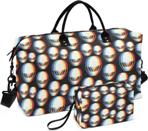 VIGTRO Travel Duffel Bag Weekender Overnight Bag with Toiletry Bag 3d Alien Pattern Printed, Carry On Luggage Bag for Hospital Gym Travel Business, 2 Pcs Set