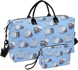 VIGTRO Travel Duffel Bag Weekender Overnight Bag with Toiletry Bag Cute Fat Pigeons Cartoon Printed, Carry On Luggage Bag for Hospital Gym Travel Business, 2 Pcs Set