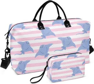 VIGTRO Travel Duffel Bag Weekender Overnight Bag with Toiletry Bag Cute Sea Stingray Printed, Carry On Luggage Bag Pink Stripes for Hospital Gym Travel Business, 2 Pcs Set